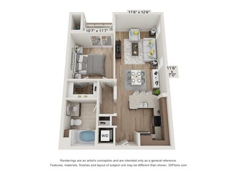 Floor plan for 1 bed, 1 bath, 678 sqft